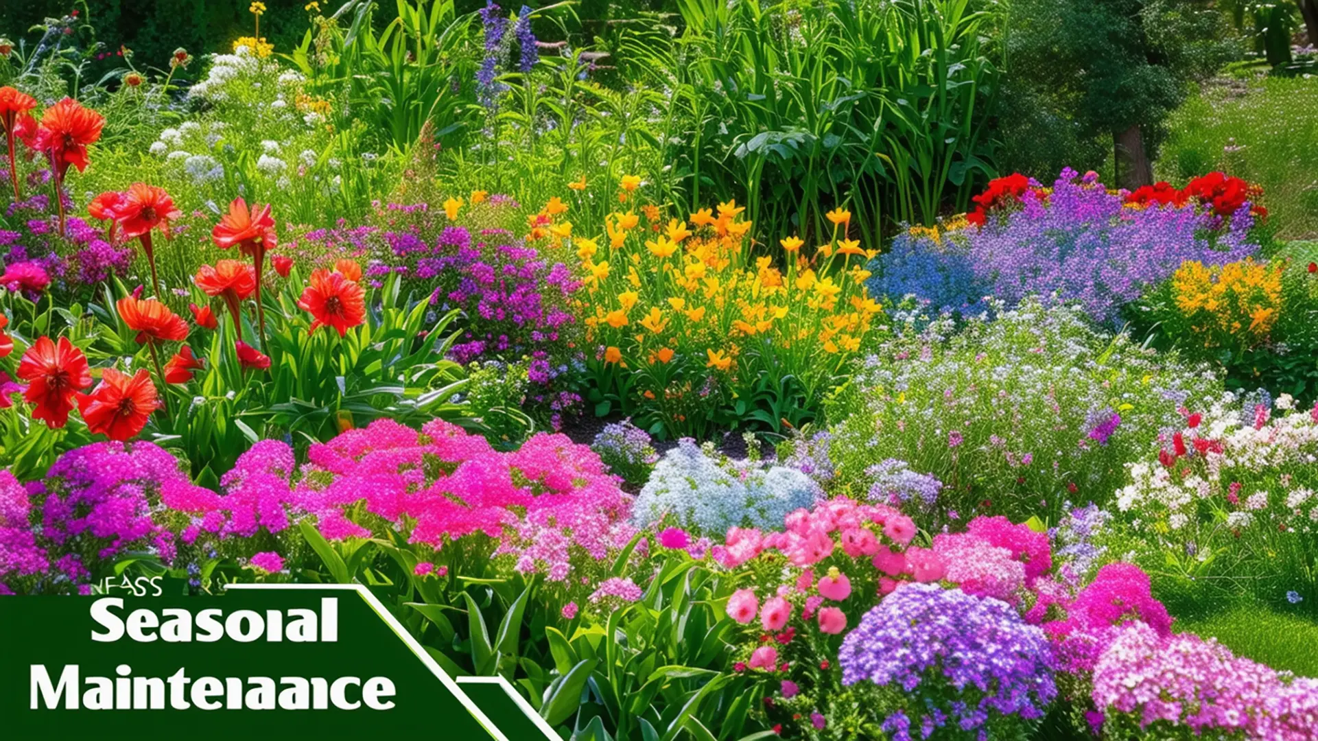 A colorful spring garden with blooming flowers and copy